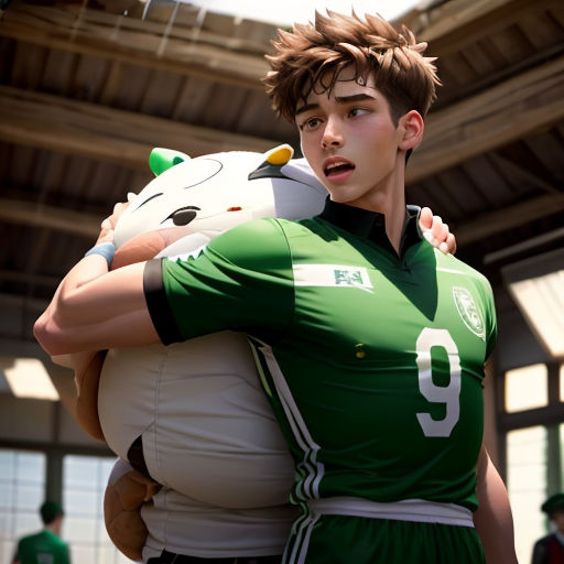 a man in a green jersey holding a stuffed animal in a building with people in the background and a person in a green shirt