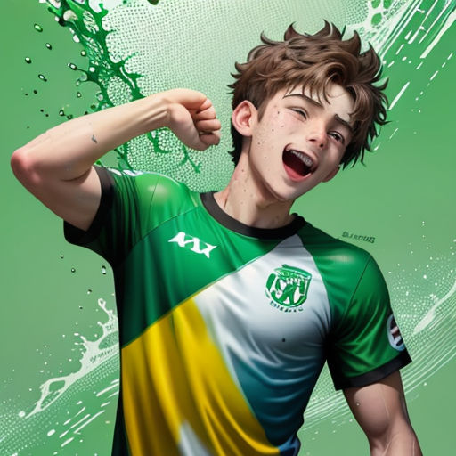 a young man is excited about his soccer team's new uniform design, which is green and yellow