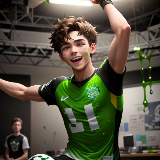 a man in a green jersey holding a soccer ball in his hand and a man in a black shirt behind him
