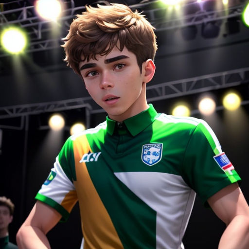 a young man in a green and white shirt standing in front of a stage with lights on it and a microphone
