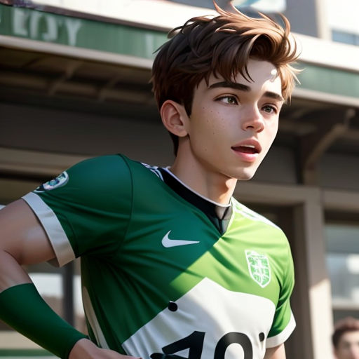 a young man in a green and white shirt standing in front of a building with a soccer jersey on
