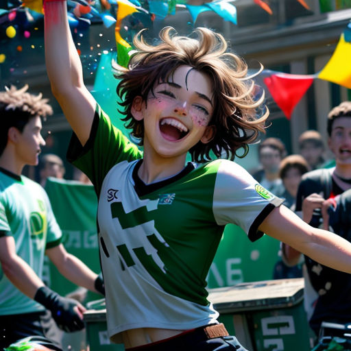 a young girl is dancing with a bunch of people in the background and confetti falling from her hands