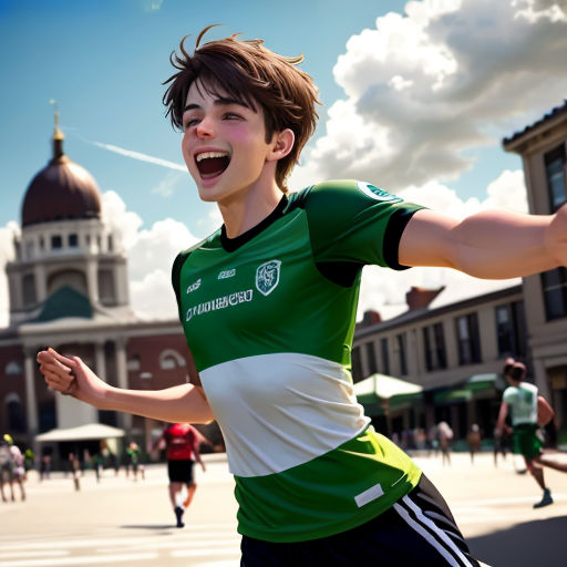 a young boy is running in a green and white shirt and black shorts and a building in the background