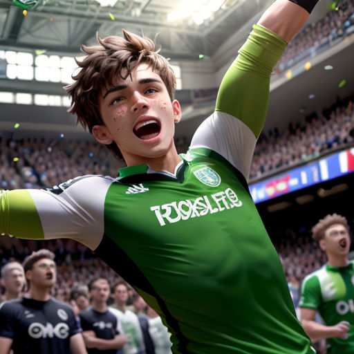 a man in a green and white shirt is cheering in front of a crowd of people in a stadium