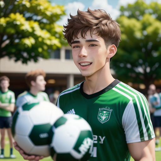 a boy holding a soccer ball in front of a group of other boys on a field with trees in the background
