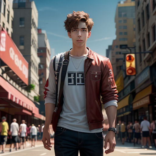 a man in a red jacket is walking down the street with a backpack on his shoulder and a backpack on his shoulder