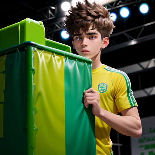 a young man holding a green and yellow box in front of a stage with lights on it and a green and yellow box