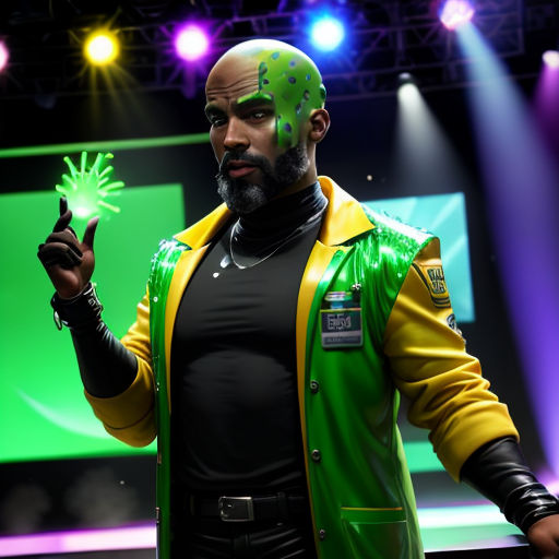 a man in a green jacket holding a green object in his hand and a green object in his other hand