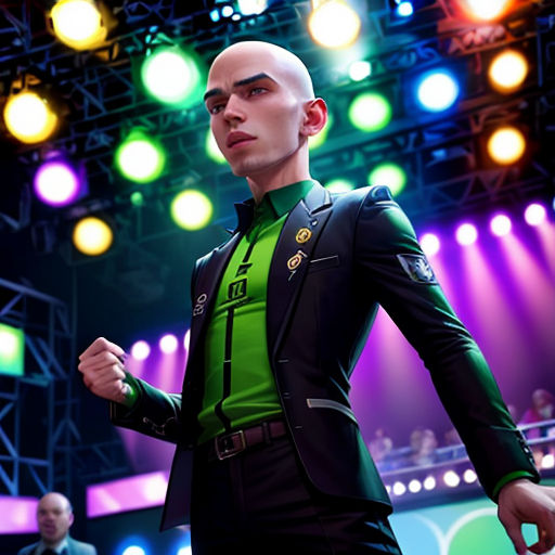 a man in a suit and tie standing in front of a stage with lights on it and a microphone
