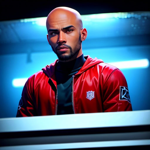 a bald man in a red jacket looking at the camera with a serious look on his face and shoulders