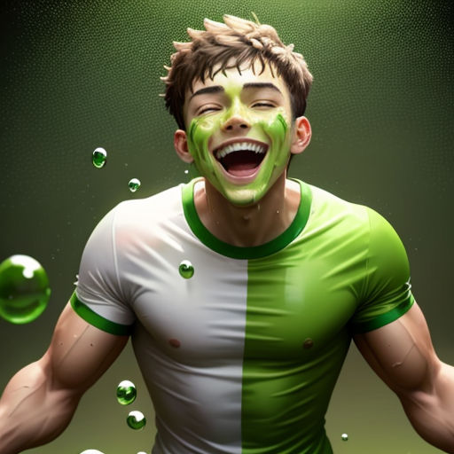 a man with green paint on his face and mouth, with bubbles around him and a green light shining above him