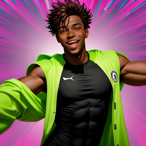 a man with a green jacket and a pink background with a purple background and a pink background with a purple background and a pink background with a purple background