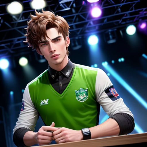 a man in a green shirt standing in front of a stage with lights and a microphone in his hand