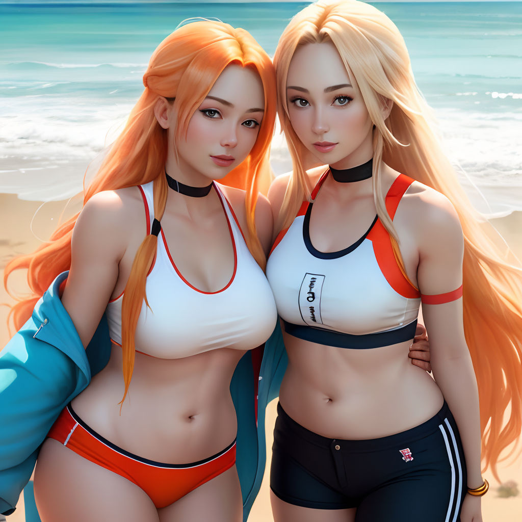 two women in bikinis standing on a beach next to the ocean with surfboards on their shoulders and a surfboard in their hand