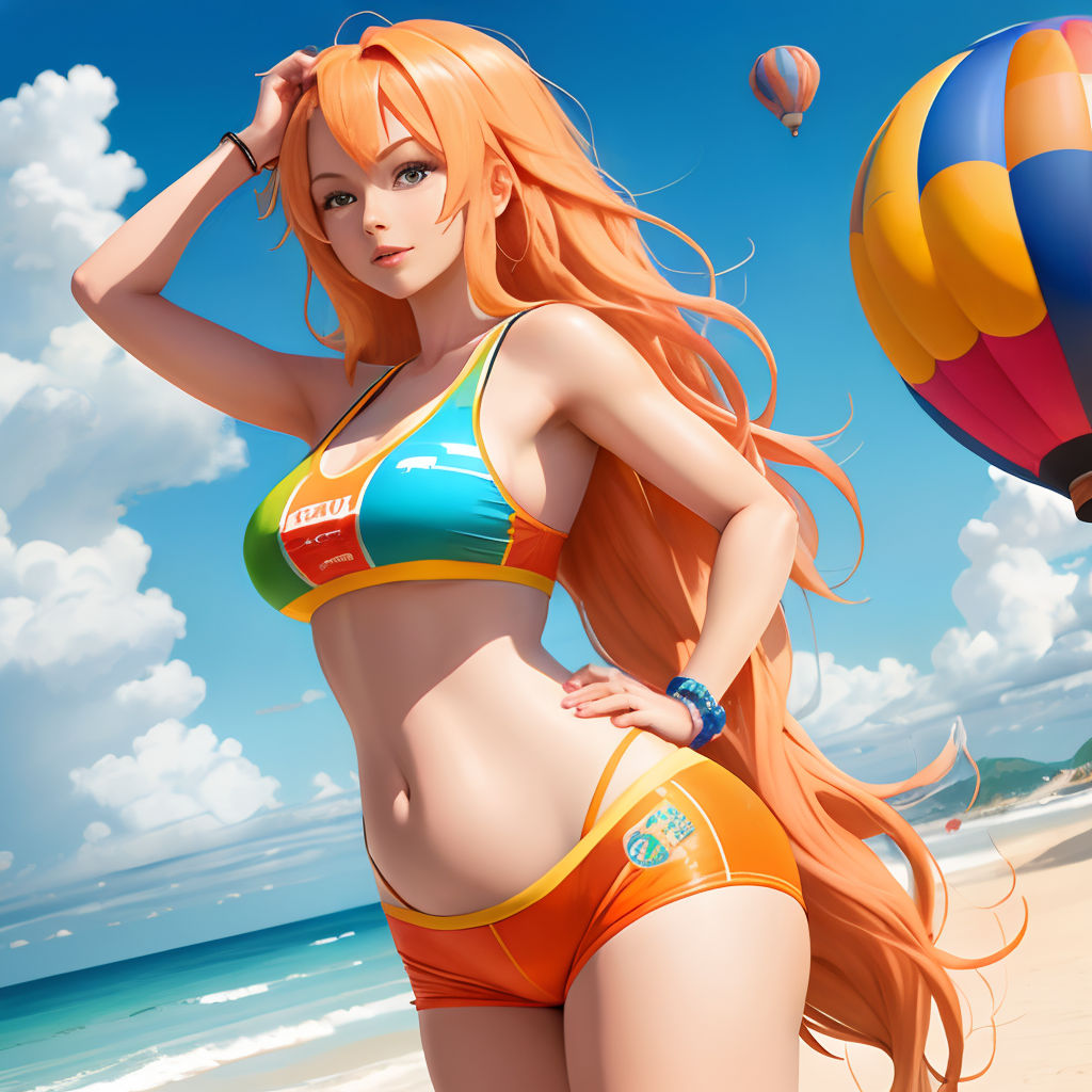 a woman in a bikini standing on a beach next to a hot air balloon in the sky and a hot air balloon in the background