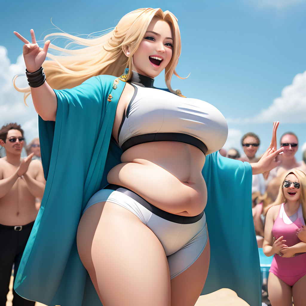 a woman in a bikini and cape standing on a beach with a crowd of people behind her and a man in a bikini