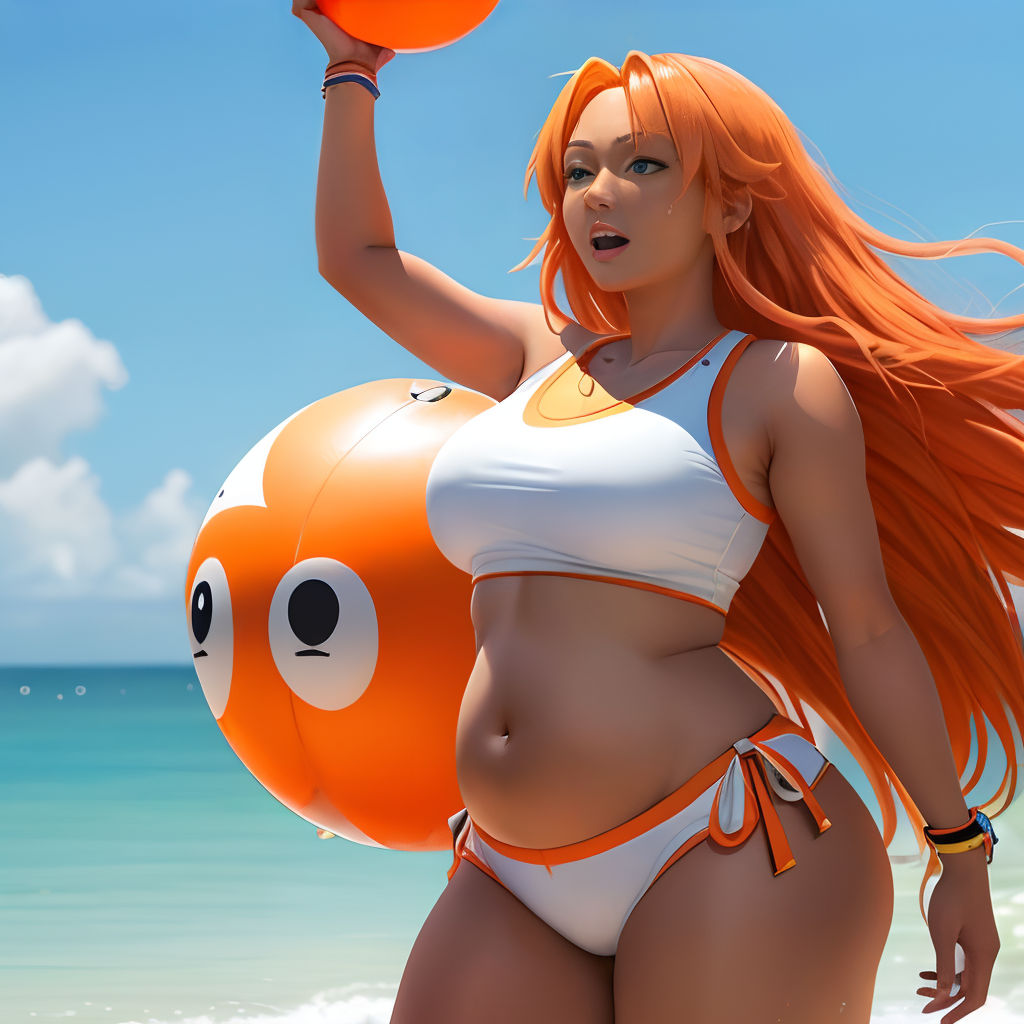 a woman in a bikini holding a ball and a frisbee on the beach with a sky background