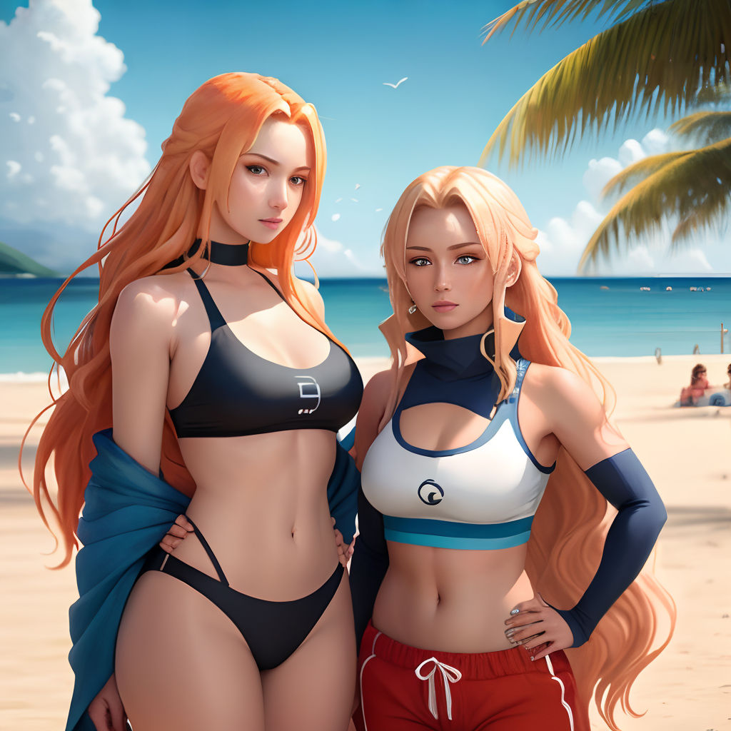 two women in bikinis standing on a beach next to a palm tree and ocean in the background,