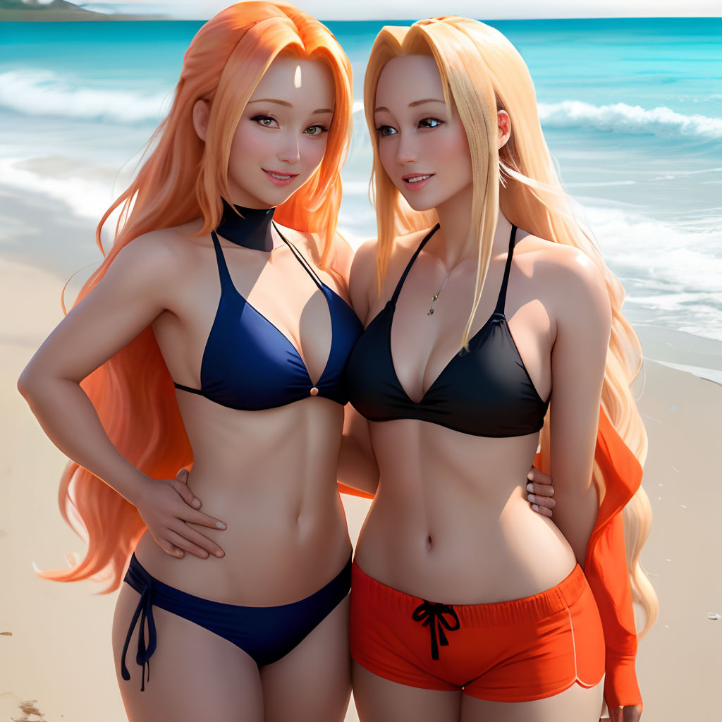 two women in bikinis standing on a beach next to the ocean and the ocean waves are crashing on them