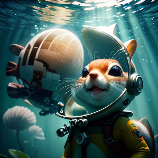 a cat in a diving suit with a helmet on and a fish in the water behind him, with a scuba mask on