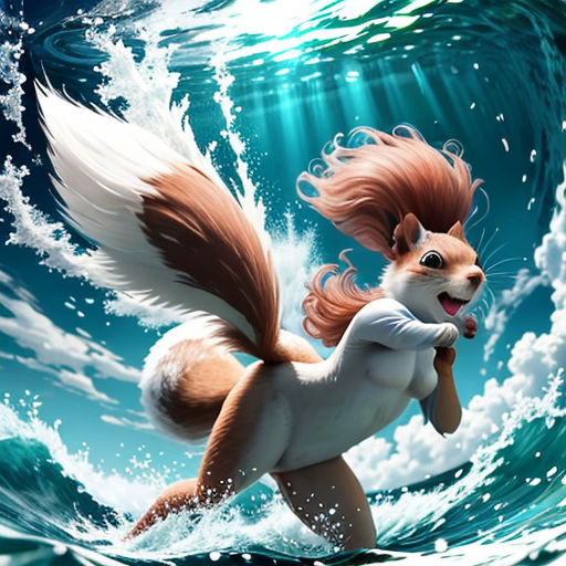 a cartoon picture of a squirrel riding a wave in the ocean with its tail up and eyes closed,