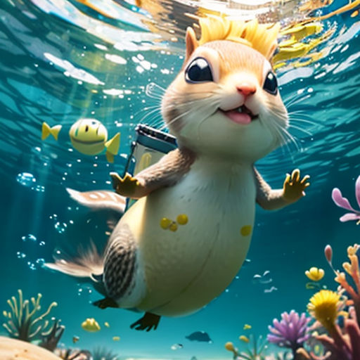 a cartoon character is swimming in the ocean with a camera and a fish on his back, and a ship in the background