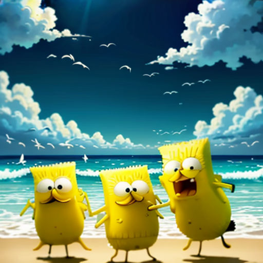 three cartoon characters are standing on the beach together, with a sky background and clouds in the background, and a bright sun shining