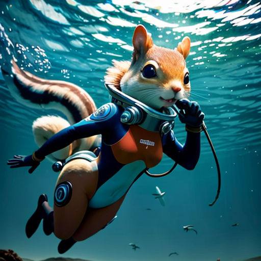 a cartoon character is diving in the water with a squirrel on his back and a scuba suit on his chest