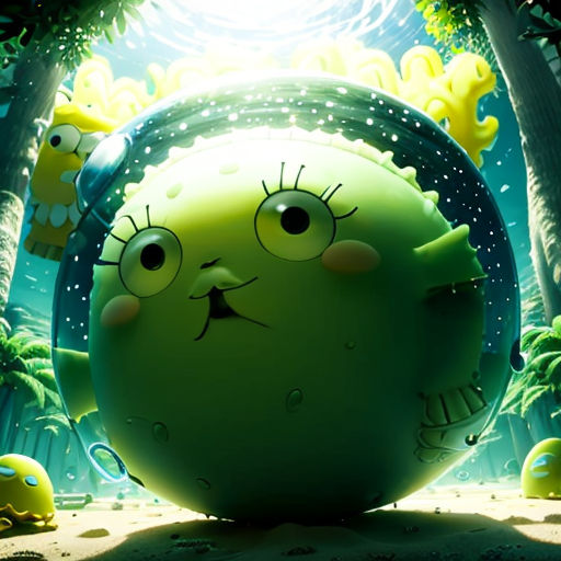 a cartoon character is standing in the middle of a forest with a green ball in the foreground and a yellow bird in the background