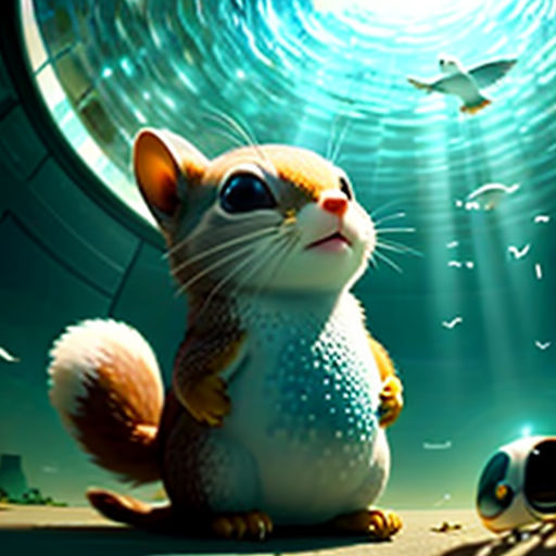 a cat sitting next to a ball in a room with a sky background and a light coming from it