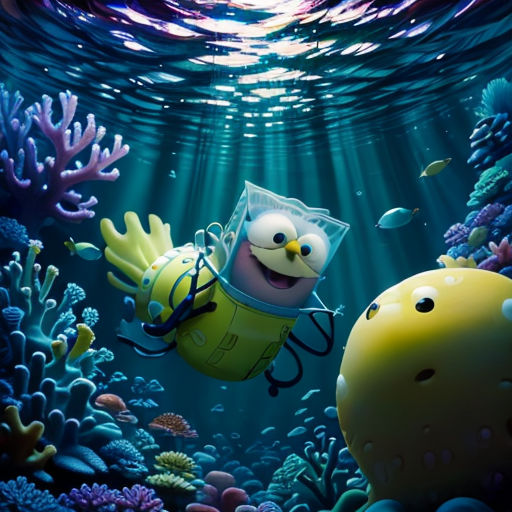 a cartoon character is swimming in the ocean with a sponge sponge fish and other fish around him, with a background of blue and purple water