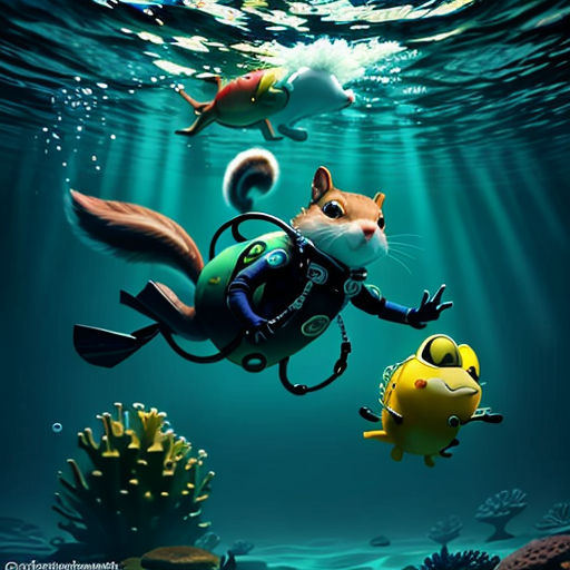 a painting of a cat diving in the ocean with a fish and a scuba diver nearby, with a yellow fish
