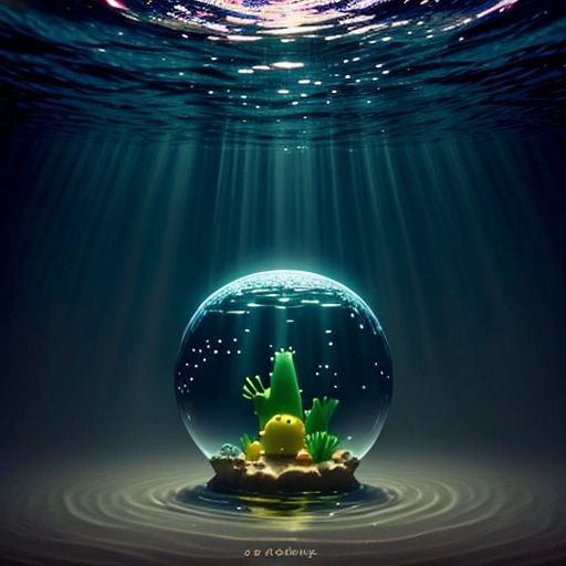 a fish in a bowl with a starfish in it under water with a light shining on it and a blue background