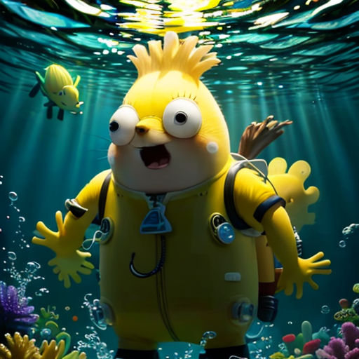 a cartoon character is standing under the water with a fish in his hand and a scuba suit on his chest