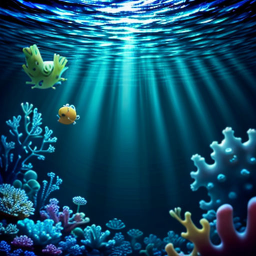 a underwater scene with a fish and corals in the water and a starfish in the background with a light shining on the water
