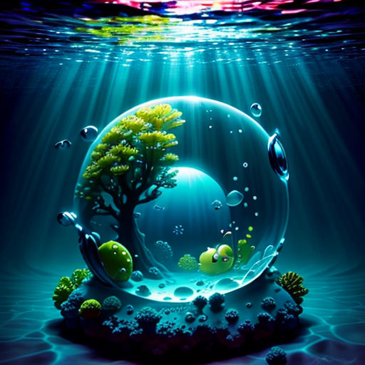 a underwater scene with a tree and bubbles in the water, and a bright light coming from the water