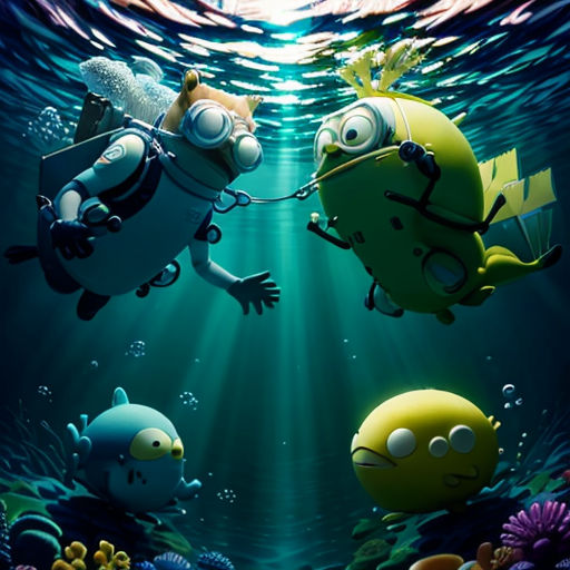a couple of cartoon characters swimming in the ocean together with a fish and a fish on a rope in the water