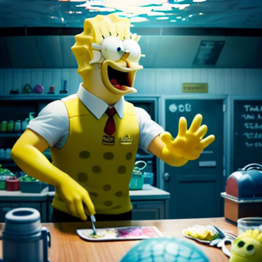 a cartoon character is standing in a kitchen with a knife and fork in his hand and a plate of food in front of him