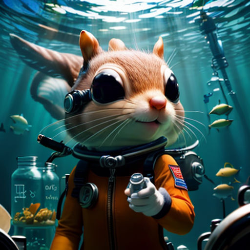 a cat in a diving suit holding a can of beer in the ocean with fish around it and a diver in the background