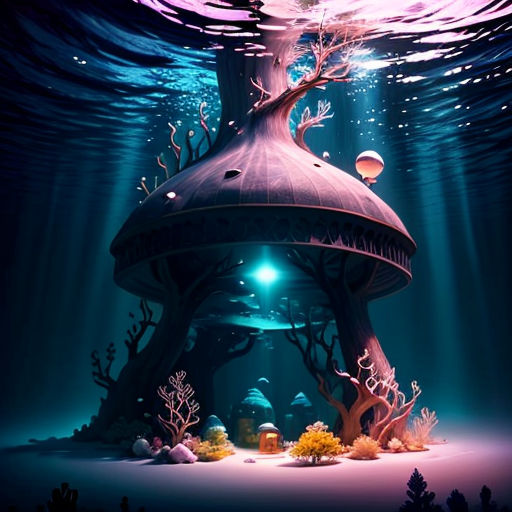 a underwater scene with a mushroom like structure and a light shining from the water's surface, with a fish swimming over it
