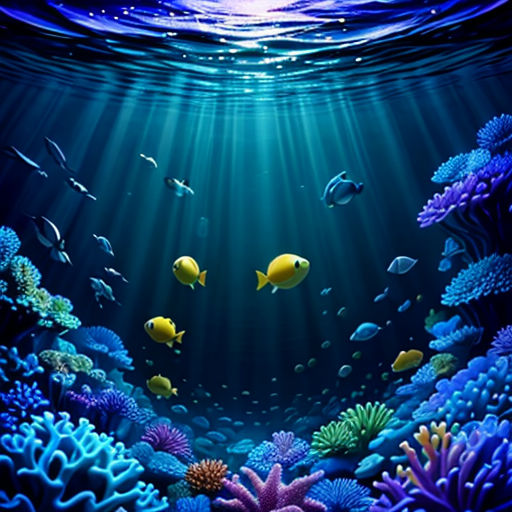 a painting of a underwater scene with fish and corals in the water, and a bright blue background