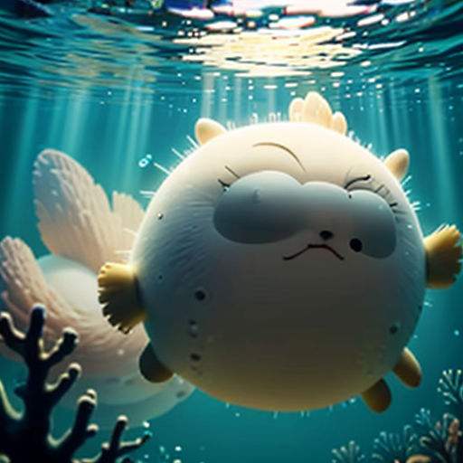 a cartoon fish with a face on it's back under water with corals and other sea life