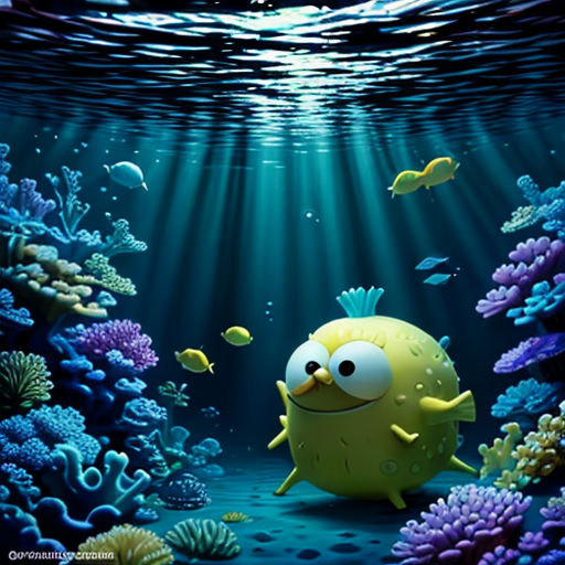 a cartoon fish is swimming in the ocean with other fish around it and a light shining on the water