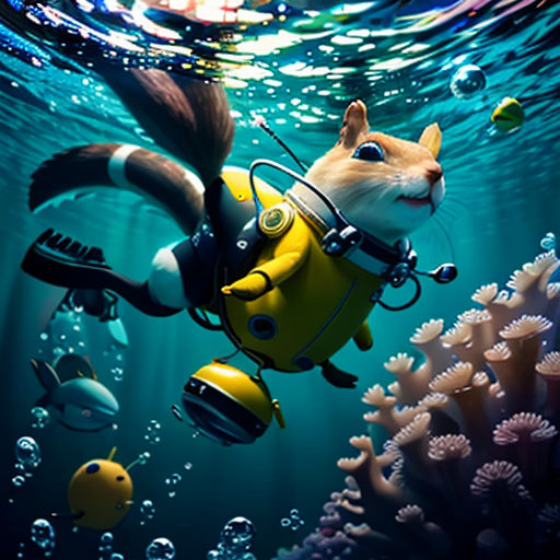 a cat in a scuba suit swimming in the ocean with a fish and a scuba helmet on his head