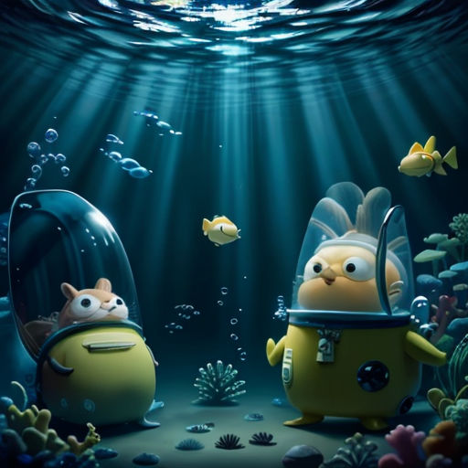 a cartoon character is underwater with a fish and a submarine in the background, with a fish in the water