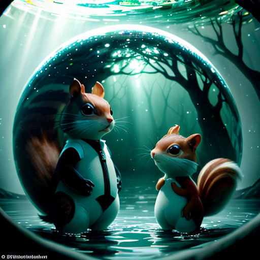 a couple of animals that are in the water together in a circle of water with trees and stars in the background