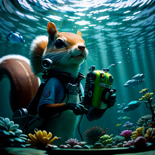 a painting of a squirrel holding a camera in the ocean with fish and bubbles around it, and a fish swimming in the water