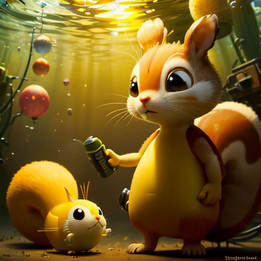 a cartoon squirrel and a cat are in the water with bubbles and bubbles around them, and one is holding a bottle
