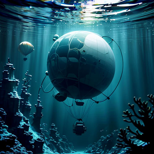 a large balloon floating over a blue ocean with corals and other marine life around it, with a light shining on the water surface