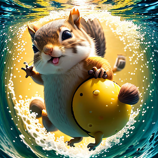 a squirrel riding on top of a yellow object in the water with a yellow object in its mouth and a yellow object in the water
